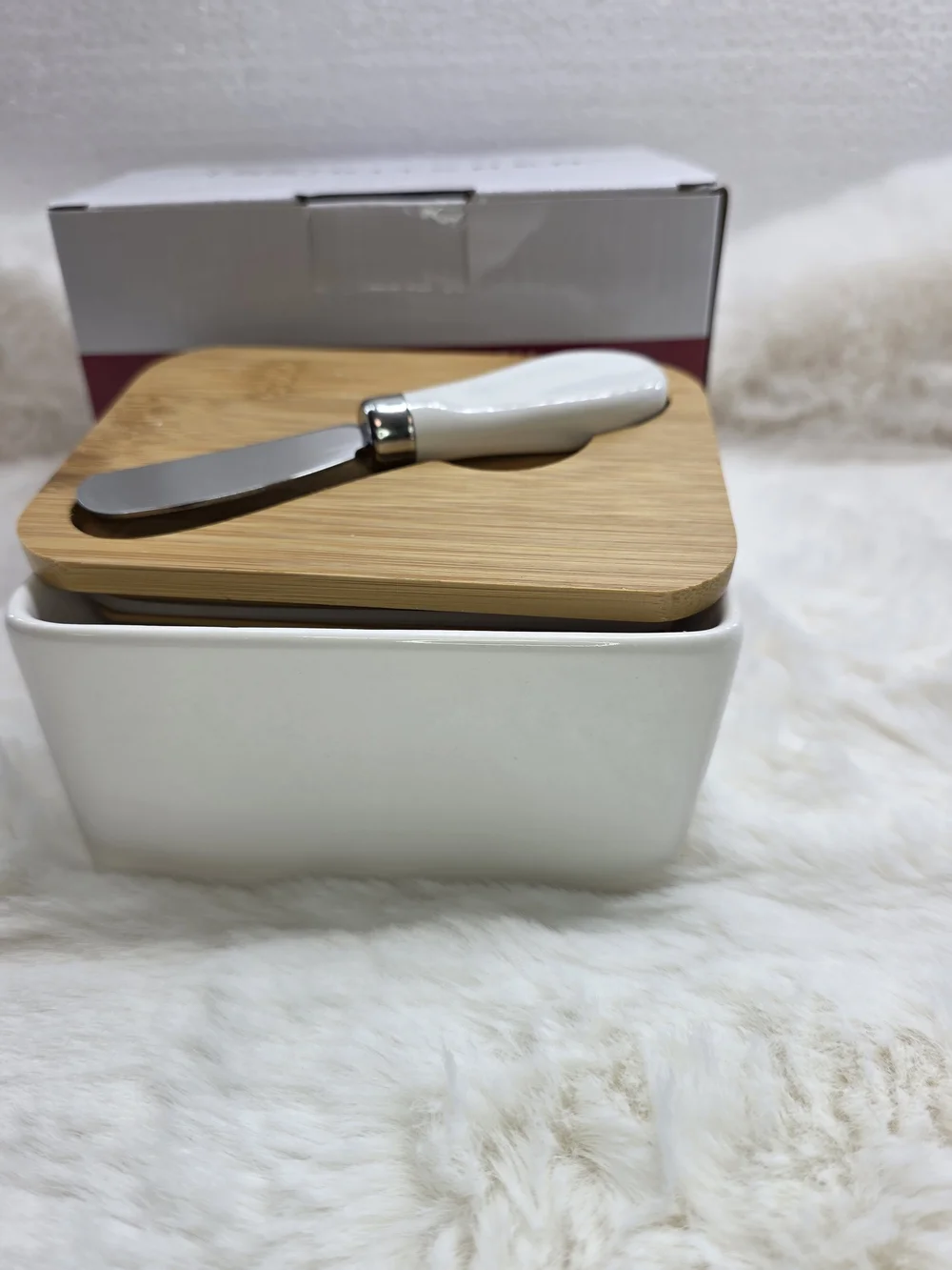 White Ceramic Butter Dish with Bamboo Lid and Spreader